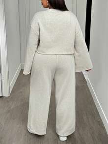 Slaydiva 2025 Autumn/Winter Casual All-Match Versatile Streetwear & Commute 2-Piece Set: Long Sleeve Sweatshirt & Pants, Women's Solid White & Gray Outfit Tall Two Piece Set Brunch 2 Piece Set Wide Leg Pants Set Grey Two Piece Set