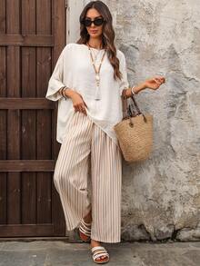 EMERY ROSE Women's Vacation Casual Solid Color Batwing Sleeve Shirt And Striped Pants 2-Piece Set Casual Outfit For Women   Casual Sets For Women  Summer Holiday Outfits Vacation Outfits For Women Ladies Casual Sets Two Piece Set Women Short Sleeve Summer Pants Sets Two Piece Set Women Comfy - White - View 6