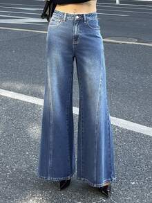 DAZY 女士常规腰部喇叭牛仔裤，做旧设计 - 深色水洗藍 - 查看 4