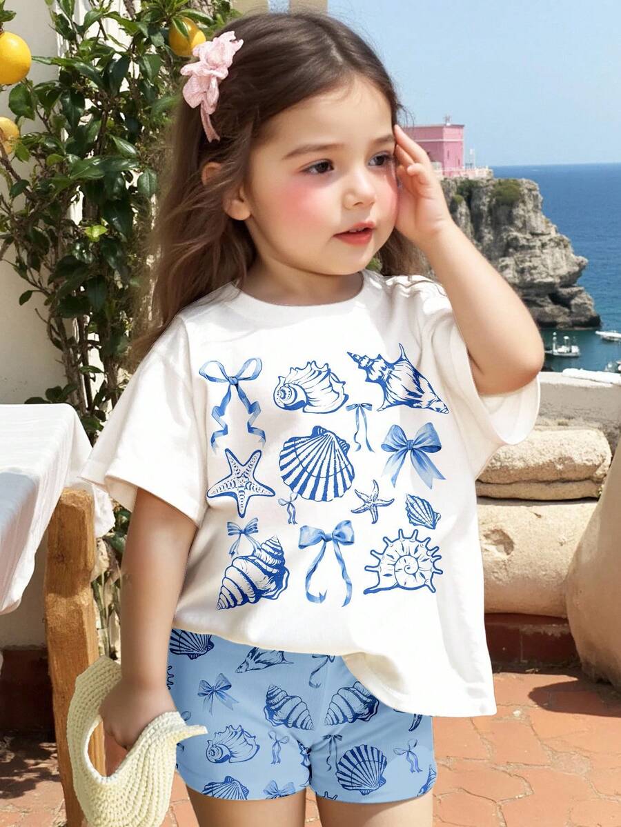 Bộ đồ 2 mảnh tay ngắn và quần short in hình sinh vật biển dễ thương, vỏ sò và nơ, thích hợp cho mùa hè, kỳ nghỉ thư giãn, cuối tuần đi biển, trang phục hè dễ thương, đồ dùng cho bé gái mùa hè, phong cách Hàn Quốc, thời trang đi biển, đồ đi chơi mùa hè - Nhiều màu - Xem 1