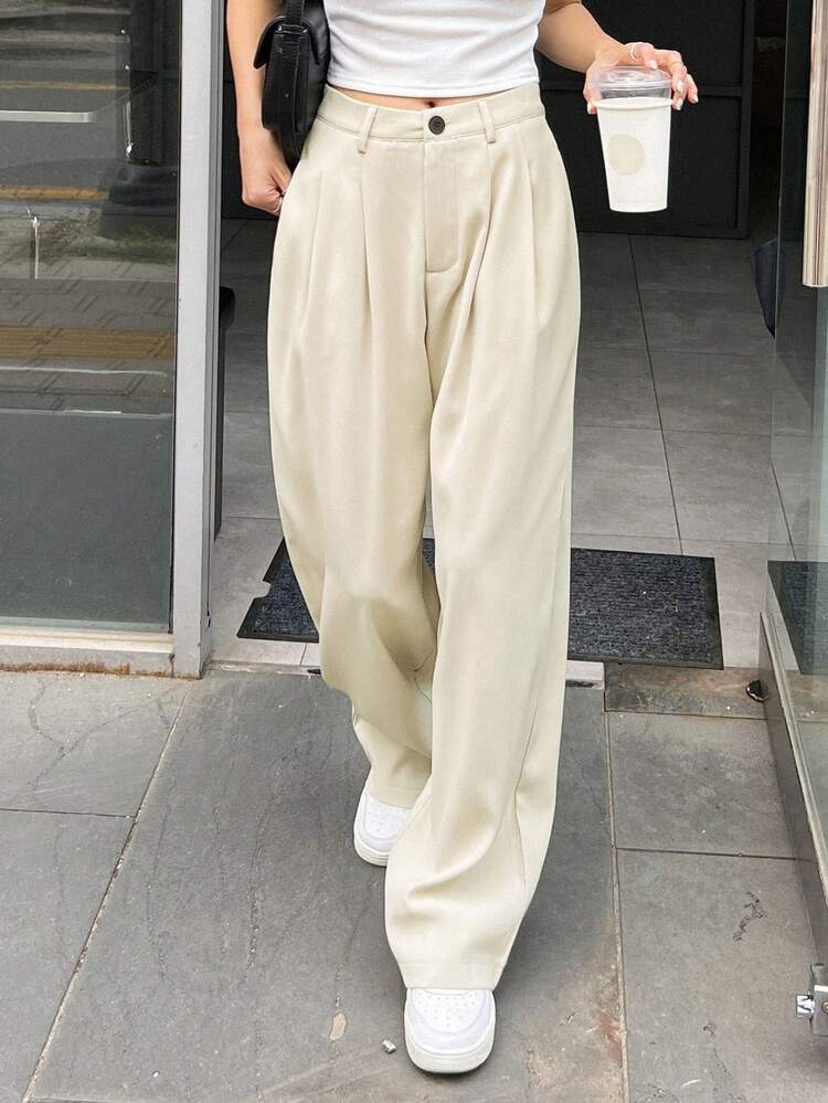 Women's Solid Color Pleated Pocket Loose Business Casual Pants