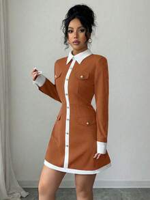 Selianne 女款優雅辦公室棕色與白色拼接鈕扣裝飾襯衫領長袖迷你洋裝，修身款，適合秋季派對、約會之夜與通勤 - 棕色 - 查看 6