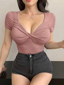 DAZY 女士V领扭结短袖修身露脐T恤外出上衣 - 粉色 - 查看 5
