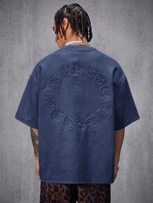 AXEPEAK 男士街头风格空气层绒面革植绒宽松落肩圆领短袖 T 恤，2000 年代风格 - 藍色 - 查看 3