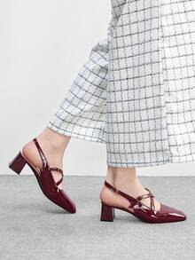CUCCOO BIZCHIC New Stylish Mary Jane Pumps Women Chunky Heels Slip On Sandals - Burgundy - View 3