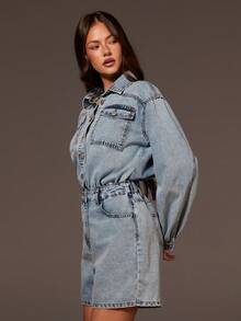 Athîral 女士休闲日常通勤落肩宽松翻盖口袋牛仔连体裤