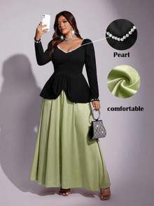 Đầm dự tiệc dáng chữ A ôm sát, phối màu, đính ngọc trai, tay dài, kiểu dáng thanh lịch dành cho nữ cỡ lớn Viva Relle, mẫu mới mùa thu. - màu xanh lá - Xem 1