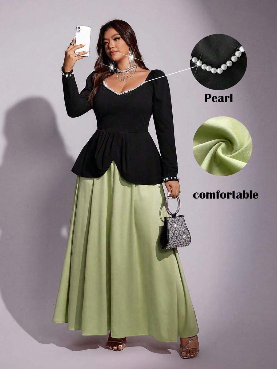 Đầm dự tiệc dáng chữ A ôm sát, phối màu, đính ngọc trai, tay dài, kiểu dáng thanh lịch dành cho nữ cỡ lớn Viva Relle, mẫu mới mùa thu. - màu xanh lá - Xem 1