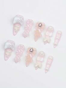 ROMWE Anime 10 Cute Pink Bear Bow Fake Nail Pads And A Piece Of Double-Sided Tape. - Pink - View 3