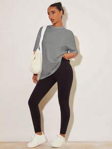 SHEIN BASICS 女款素色寬鬆落肩短袖休閒舒適T恤夏季上衣 - 灰色 - 查看 6