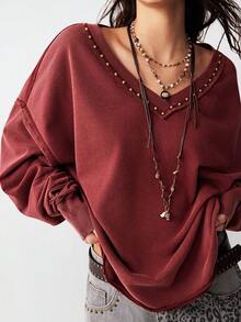 Bohemela 秋冬女士休闲纯色V领长袖宽松运动衫 - 酒紅色 - 查看 5