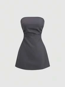 Sweetra 法式设计短款西装套装，性感无肩带连衣裙女装 - 淺灰色 - 查看 4