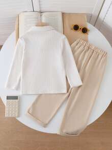 SHEIN 2pcs Young BoyRibbed Knit Collared Long Sleeve Shirt And Ribbed Woven Casual Pants Set, Spring/Autumn - Apricot - View 2