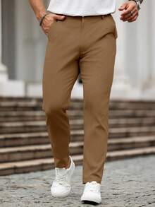 Manfinity Homme Pantalones de vestir casuales de unicolor con bolsillo para hombres - Café integral - Ver 6