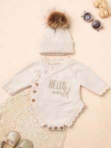 Knitted "Hello World"Embroidery Newborn Baby Romper With Matching Pom Hat Baby Announcement Bodysuit Infant Photography Props Beige Baby Coming Home Outfit Baby Boy Baby Girl Newborn Photography Outfits Boys Newborn Photoshoot Outfit Newborn Costume Hello World Newborn Outfit Newborn Knit Outfit - Apricot - View 2