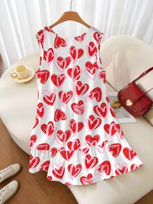 Veykashi Đầm không tay in hình trái tim cỡ lớn, kiểu dáng thường ngày. - Đỏ và trắng - Xem 6