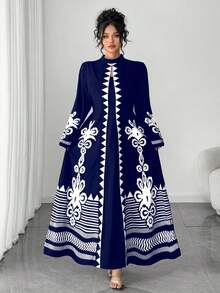 Elenzga Đầm dài dáng suông họa tiết hoa vintage cỡ lớn, đầm dáng suông thanh lịch họa tiết hình học cỡ lớn, thích hợp cho phụ nữ công sở mặc vào mùa thu. - Màu xanh lam - Xem 1