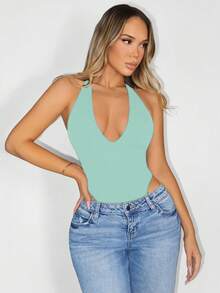 BamGleam Elegant Mint Blue Halter Bodycon Bodysuit Sleeveless Knitted Fabric Cut Out Detail Tummy Control - Mint Blue - View 6