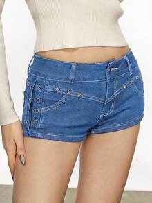 Women's Casual Everyday Wear Pocketed Button Denim Shorts - Medium Wash - View 4