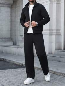 Manfinity CasualCool Men's Solid Color Zip Front Jacket And Drawstring Waist Long Pants Casual Suit - Black - View 7
