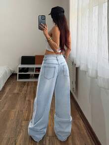 StreetHx 女士休闲日常牛仔裤，侧边拼接撞色设计 - 淺色水洗藍 - 查看 2