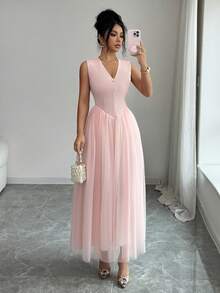 SHEIN Elenzya Đầm nữ dáng chữ A thắt eo, chất liệu lưới phối nhiều lớp, thích hợp cho Giáng sinh, ngày lễ, thanh lịch, đi làm hàng ngày, thời trang đường phố Pháp cổ điển, đa năng, năm mới, công sở, màu hồng không tay; Trang phục nữ duyên dáng cho kỳ nghỉ hè, ngày Valentine. - Hồng - Xem 4