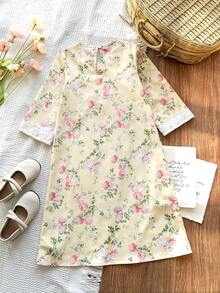 SHEIN Vintaside Kids 女童黄色碎花长袖连衣裙，时尚荷叶边设计休闲装 - 黃色 - 查看 2