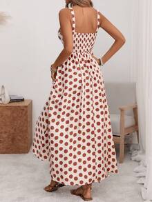 Florisole 女士U领宽肩带收腰褶裥露背可调节系带露背A字中长连衣裙，浪漫波点，优雅法式复古简约风，适合办公室、通勤、商务、休闲、海滩、春夏穿着。 - 彩色 - 查看 2