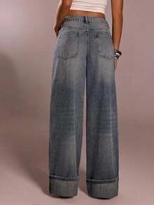 Quần jeans ống rộng màu xanh xám cạp thấp đa năng, phong cách thường ngày, phù hợp với mọi phong cách, mùa hè mới - Rửa trung bình - Xem 3