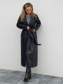 Jeta Ari 复古翻领单排扣长袖皮夹克女款，高腰系带开衫风衣，秋季女装黑色皮质风衣 - 黑色 - 查看 4