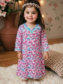 SHEIN Babygirl Elegant & Cute Loose Floral Print Long Sleeve Dress, Vacation Style - Multicolor - View 1