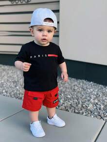 男婴夏季休闲字母印花T恤和短裤套装 - 彩色 - 查看 5