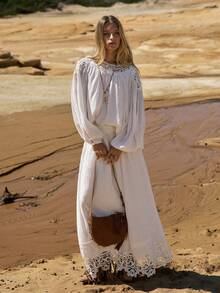 MOTF PREMIUM WOMEN'S LINEN RUCHED CONTRAST LACE ROMANTIC A-LINE SKIRT - White - View 3