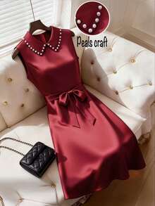 Franclia Women's Minimalist Metal Buckle Waist Belt Casual Holiday Mini Dress, Collar With Bubble Pearls, Elegant For Outings And Gatherings - Burgundy - View 1