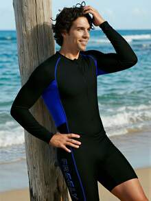 Manfinity VDAYZ Men's Summer Vacation Beach Contrast Color Zipper Half-Open Collar Long Sleeve One-Piece Swimsuit