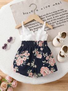 Babygirl Cute White Camisole & Elastic Waist Shorts Set, Summer - Multicolor - View 2