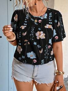 Breezaya Áo thun dài tay ngắn cổ tròn cỡ lớn, in họa tiết, dáng rộng, thoải mái. - màu đen - Xem 4