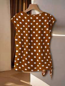Franclia 女士休闲圆领波点下摆蝴蝶结衬衫，休闲优雅，适合春夏外出穿着 - 棕色 - 查看 2