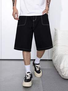 Manfinity Hypemode Stylish Black Washed Wide Leg Denim Bermuda Shorts - Black - View 7