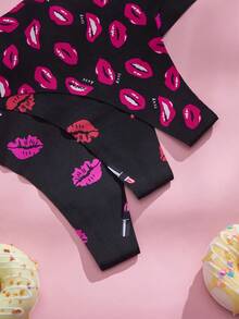 Eraneu 3pcs/Pack Women's Sexy Red Lip Print Thong Panties Ladies Panties Sexy Thongs For Women Lips Print Thong Cute Panties - Multicolor - View 4
