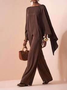 Zivah 2025 新款秋冬女装休闲通勤棕色宽松不对称上衣 + 高腰阔腿缎面裤两件套，适合返校、乡村音乐节、万圣节、圣诞节、女士早午餐、郊游、教堂、旅行、购物 - 棕色 - 查看 8