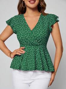 SHEIN Clasi Camiseta con estampado de corazón y mangas de mariposa con volante - Verde Oscuro - Ver 5