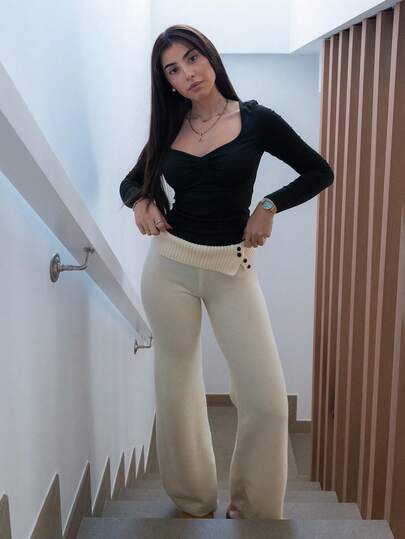 Hitanina 女士秋冬装家居简约舒适甜美休闲保暖内衬暖白色双层腰部设计纽扣不对称米色简约毛衣裤日常穿搭