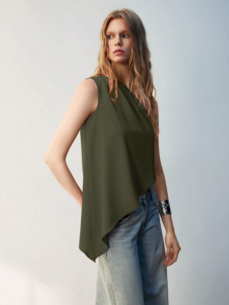 SHEIN Maija Women's Summer Asymmetric Ruched Sleeveless Casual Top, Solid Color Office Wear St Patrick's Day Women Easter Summer Party Top Beach Summer Holiday Each Vacation For Women Summer For Women Going Out Graduation Casual Top For Women