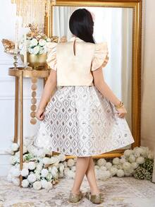 SHEIN Tween Girl Fashion Cap Sleeve Shirt Top And Mini Skirt Set - Apricot - View 6