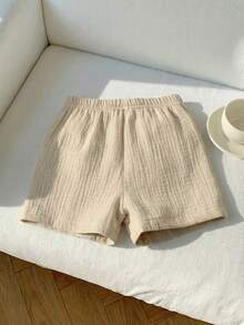 男婴休闲双层纱布短裤，带口袋和松紧腰带，装饰绳设计，百搭风格，适合日常穿着、上学、旅行、运动——婴儿/幼儿短裤、新生儿短裤、夏季婴儿短裤、婴儿裤、带口袋男婴短裤、男女通用短裤、婴儿度假短裤 - 卡其色 - 查看 2