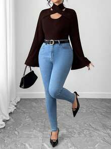 Elenzga 大码女式优雅罗纹喇叭袖修身T恤 - 咖啡棕 - 查看 3