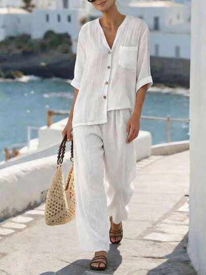 Breezaya Ladies' Two-Piece Set, Ladies' Solid-Colored Two-Piece Set, Ladies' Outfit, Vacation Outfit, Solid-Colored White Casual Outfit, V-Neck Short-Sleeve Mid-Sleeve With Pockets, Fitted And Loose Vacation Style With Buttons On The Shirt Top, Straight-Leg Pants, Complete Casual Two-Piece Set. 2pics, Elegant Casual Vacation, Beach, Office, Everyday White Two-Piece Ladies' Vacation Attire, Beachwear, Spring And Summer Clothing. White Linen Set Women Two Piece White Set Women White Outfits For Women Vacation White Beach Outfit For Women Summer Suits For Women 2 Piece Linen Set Women