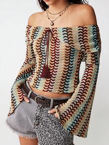 Bohemela 休闲针织彩色条纹露肩喇叭长袖修身女式上衣派对上衣优雅女式衬衫春夏度假女装夏季上衣黑色上衣 - 彩色 - 查看 6