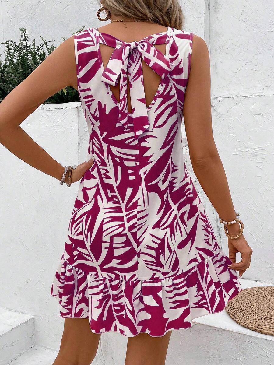 Breezaya 女士夏季热带植物印花露背打结无袖度假风直筒连衣裙，适合海滩度假穿着 - 玫紅色 - 查看 1